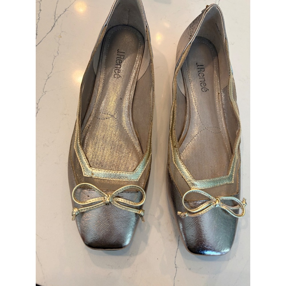 J. Renee Ballet Flats Gold Silver Metallic Mesh Bow Square Toe Dress Shoes 11M